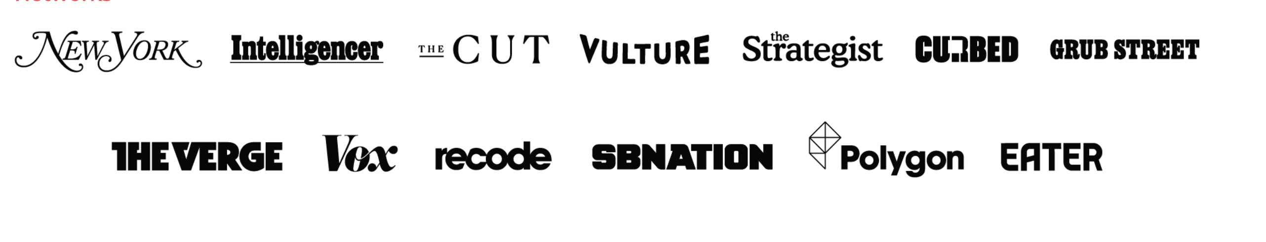 Publication logos including New York Magazine, The Cut, Vulture, The Verge, Vox, Polygon, and Eater.