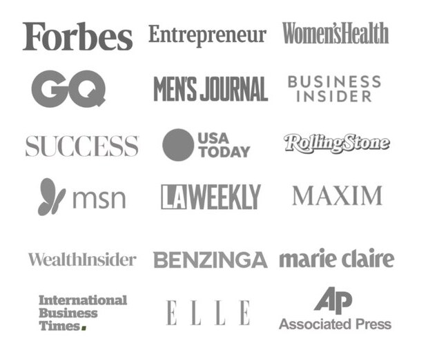 Masthead logos including Forbes, Entrepreneur, GQ, Business Insider, USA Today, Rolling Stone, ELLE and the Associated Press.