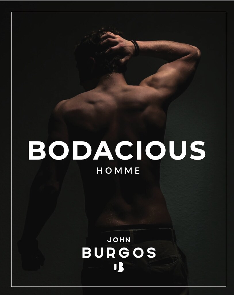 Bodacious Homme cover artwork: a bare-backed figure against black, with John Burgos’s name set below the title.