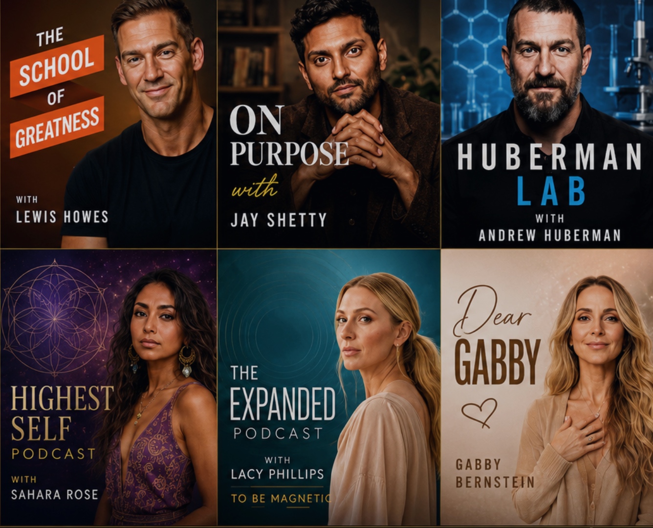 A collage of six podcast covers representing the shows and voices shaping the network.